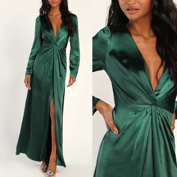 Lulus | Dresses | Emerald Green Atonement Satin Long Sleeve Maxi Dress |  Poshmark
